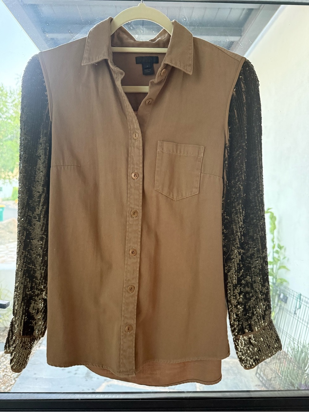 J. Crew Women's Brown Button-Front Top with Sequin Sleeves